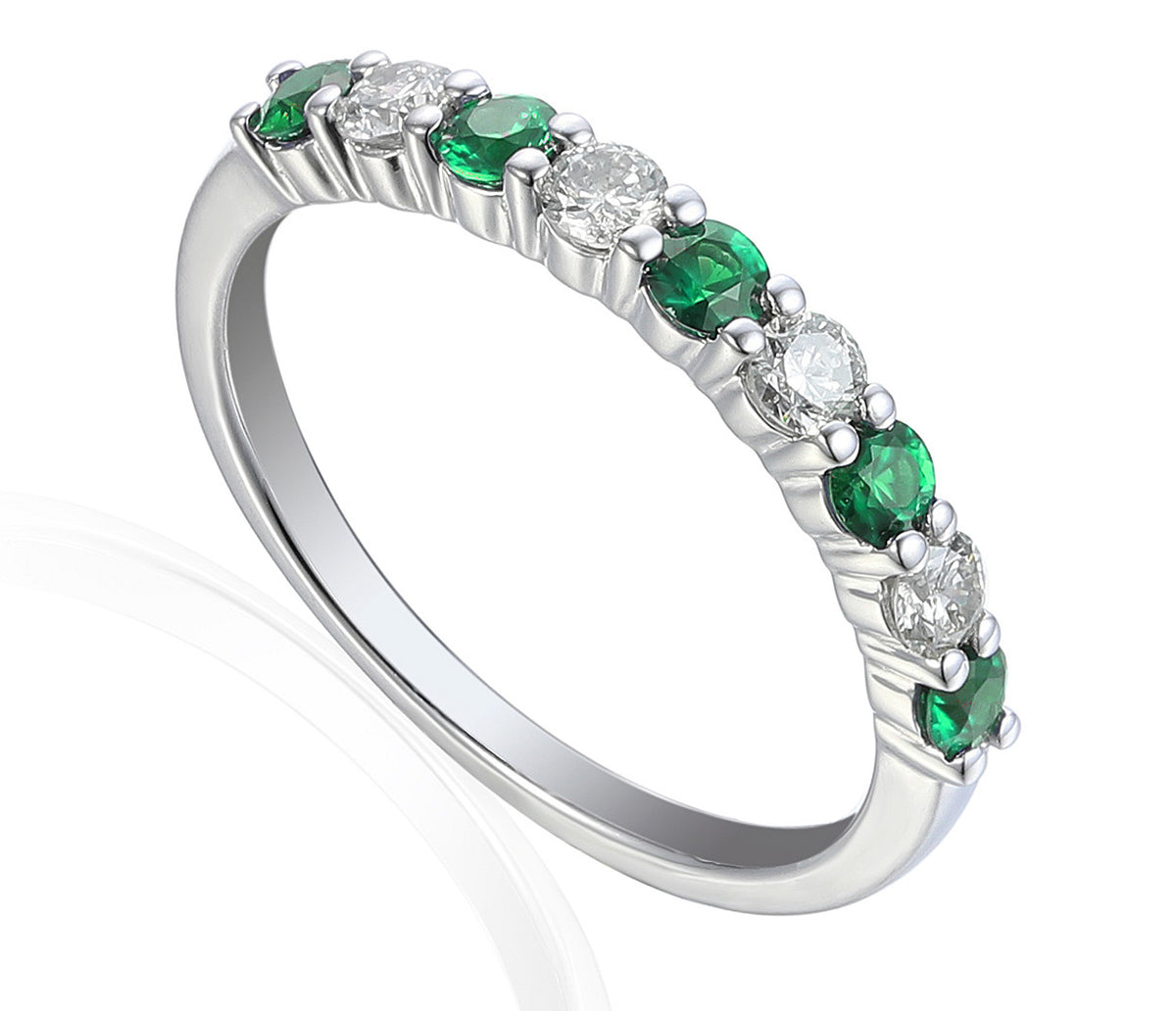 Emerald and diamond half eternity stacking ring in 18k white gold