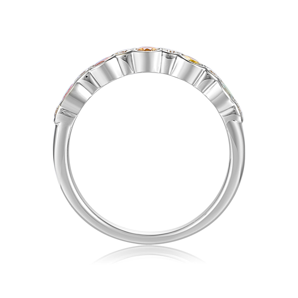 Rainbow sapphire and diamond rubover half eternity ring in 18k white gold