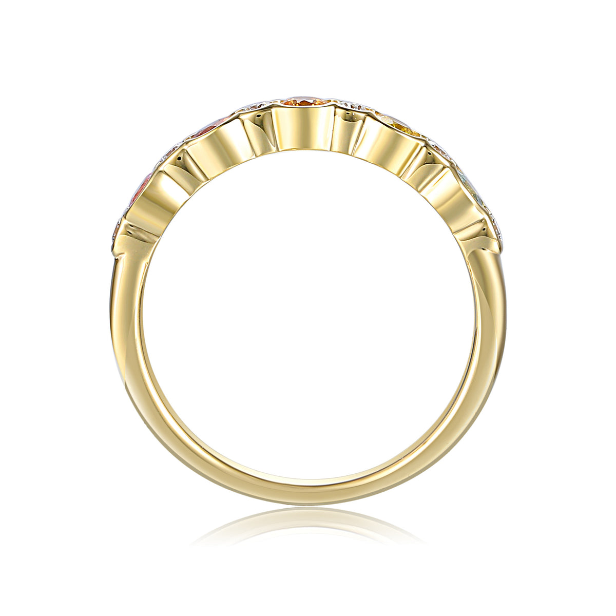 Rainbow sapphire and diamond rubover half eternity ring in 18k yellow gold