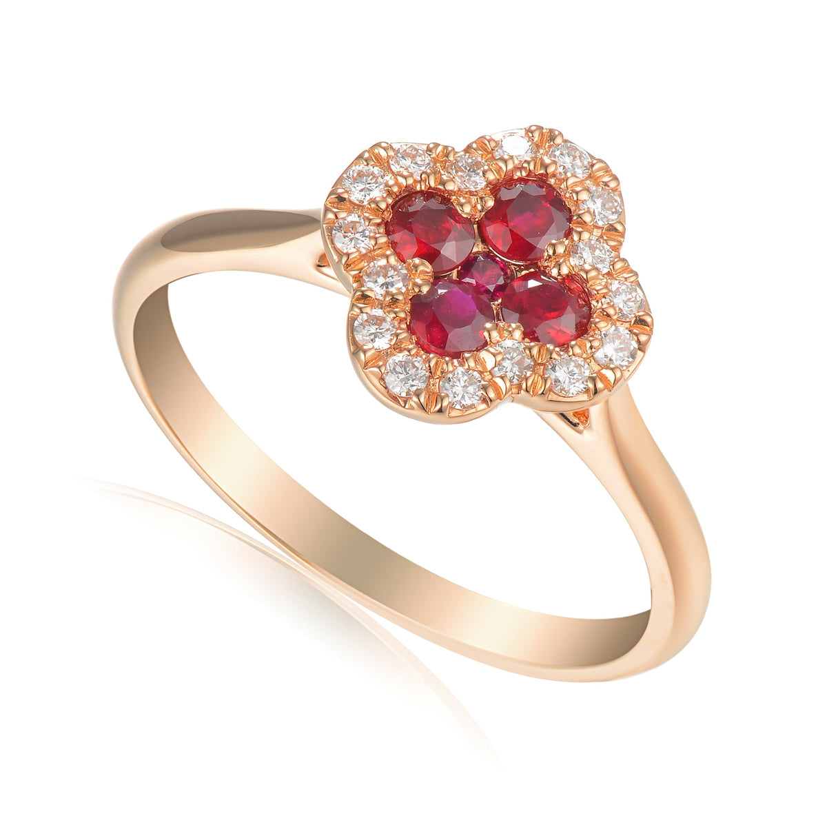 18k Rose Gold Ruby and Diamond Clover Cluster Ring 0.14ct G/SI - The Real Gem