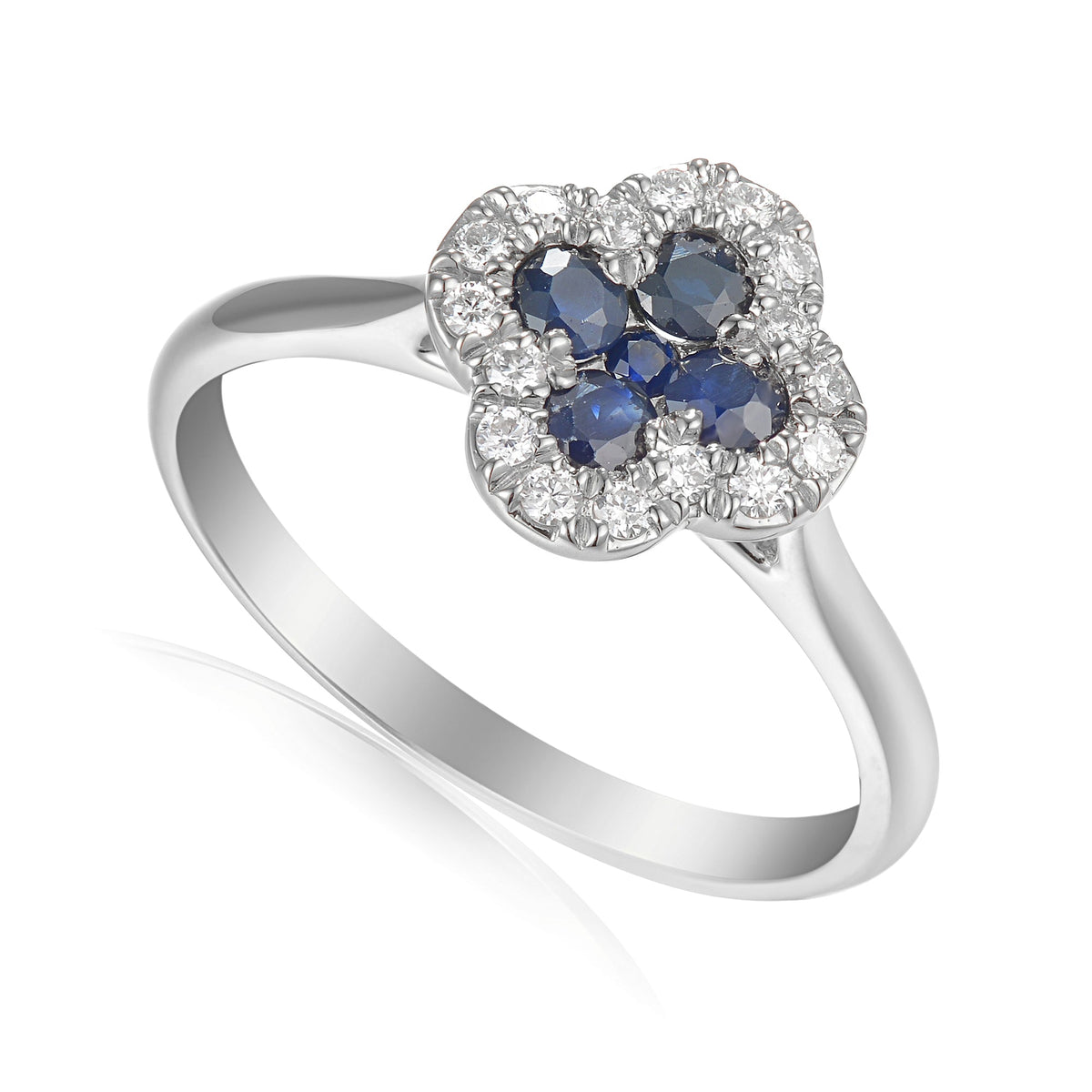 18k White Gold Blue Sapphire and Diamond Clover Cluster Ring 0.14ct G/SI - The Real Gem