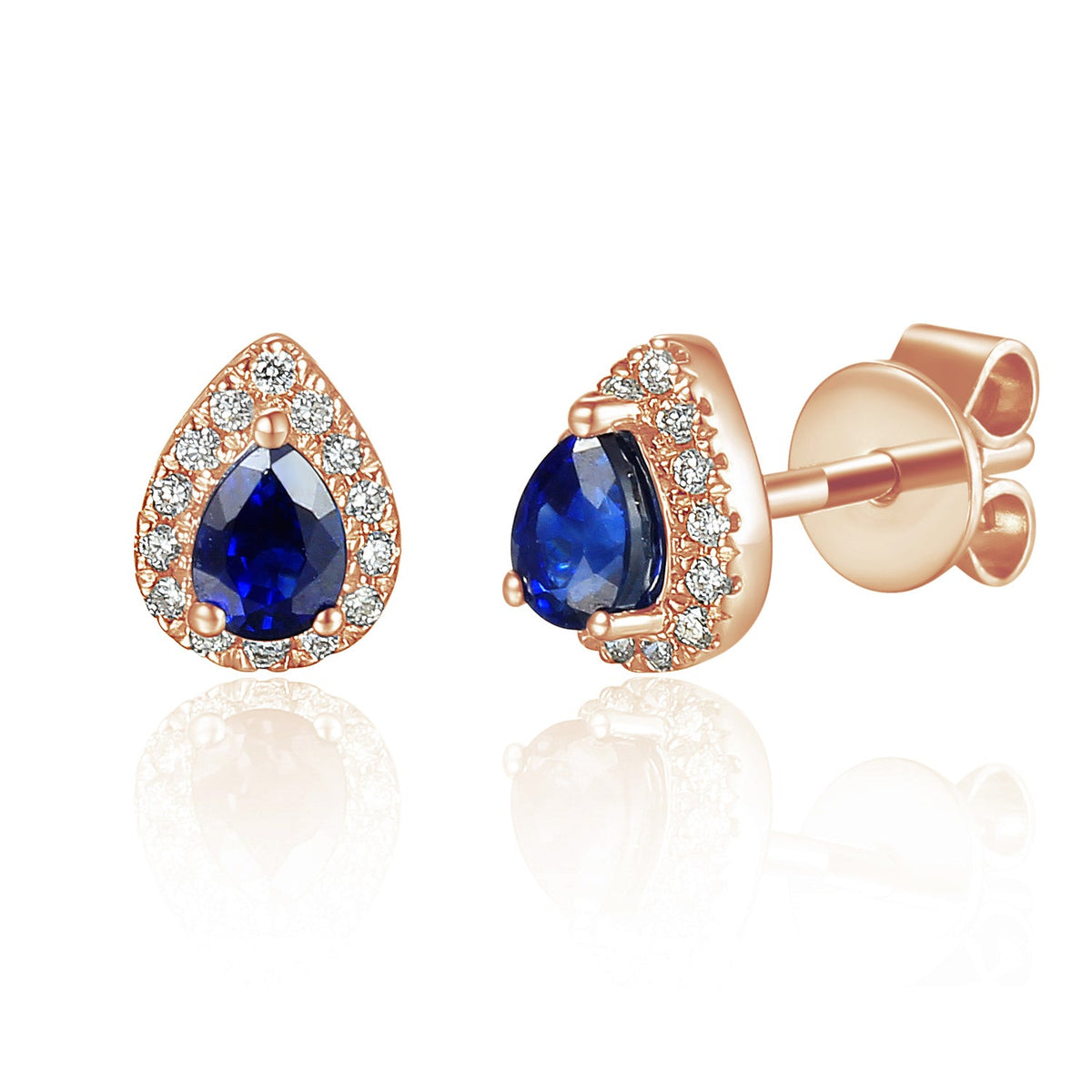 18k Rose Gold Blue Sapphire & Diamond Pear-Shaped Halo Stud Earrings – The Real Gem