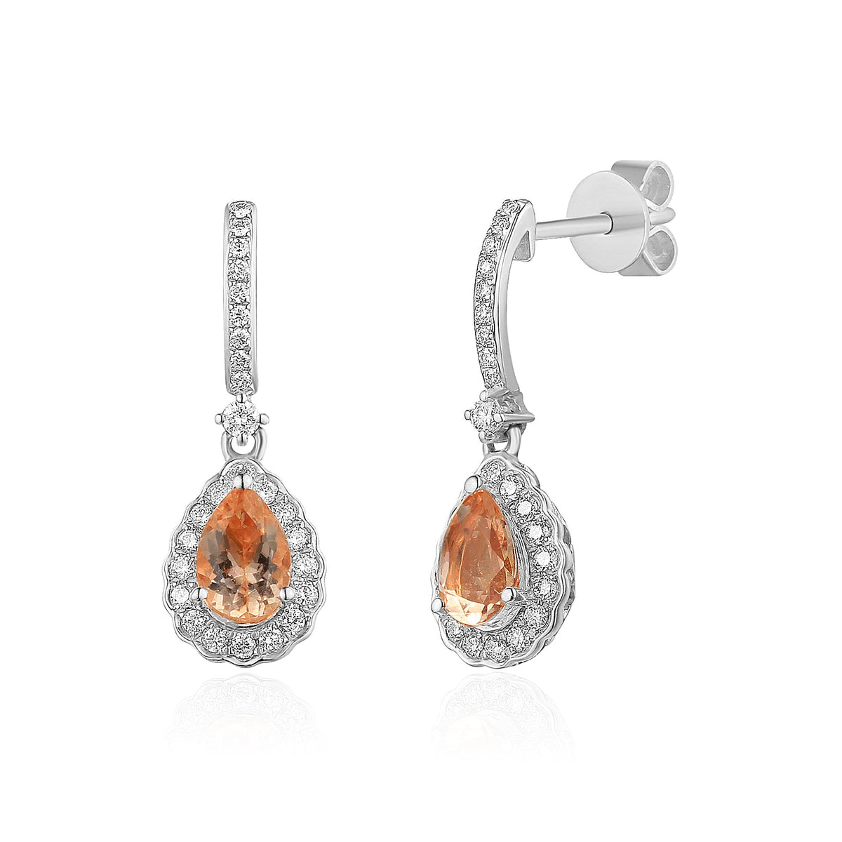 Pear morganite and diamond drop earrings in 18k white gold