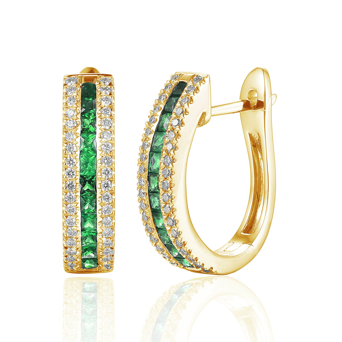 18k Yellow Gold Princess Cut Emerald & Diamond Hoop Earrings - The Real Gem