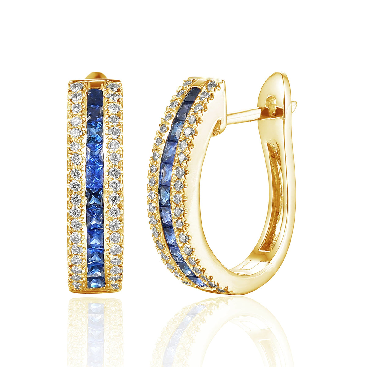 18k Yellow Gold Princess Cut Blue Sapphire & Diamond Hoop Earrings - The Real Gem