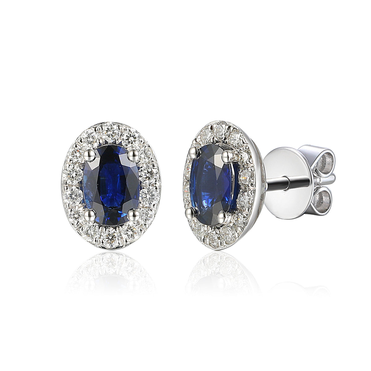 Oval blue sapphire and diamond halo earrings in 18k white gold