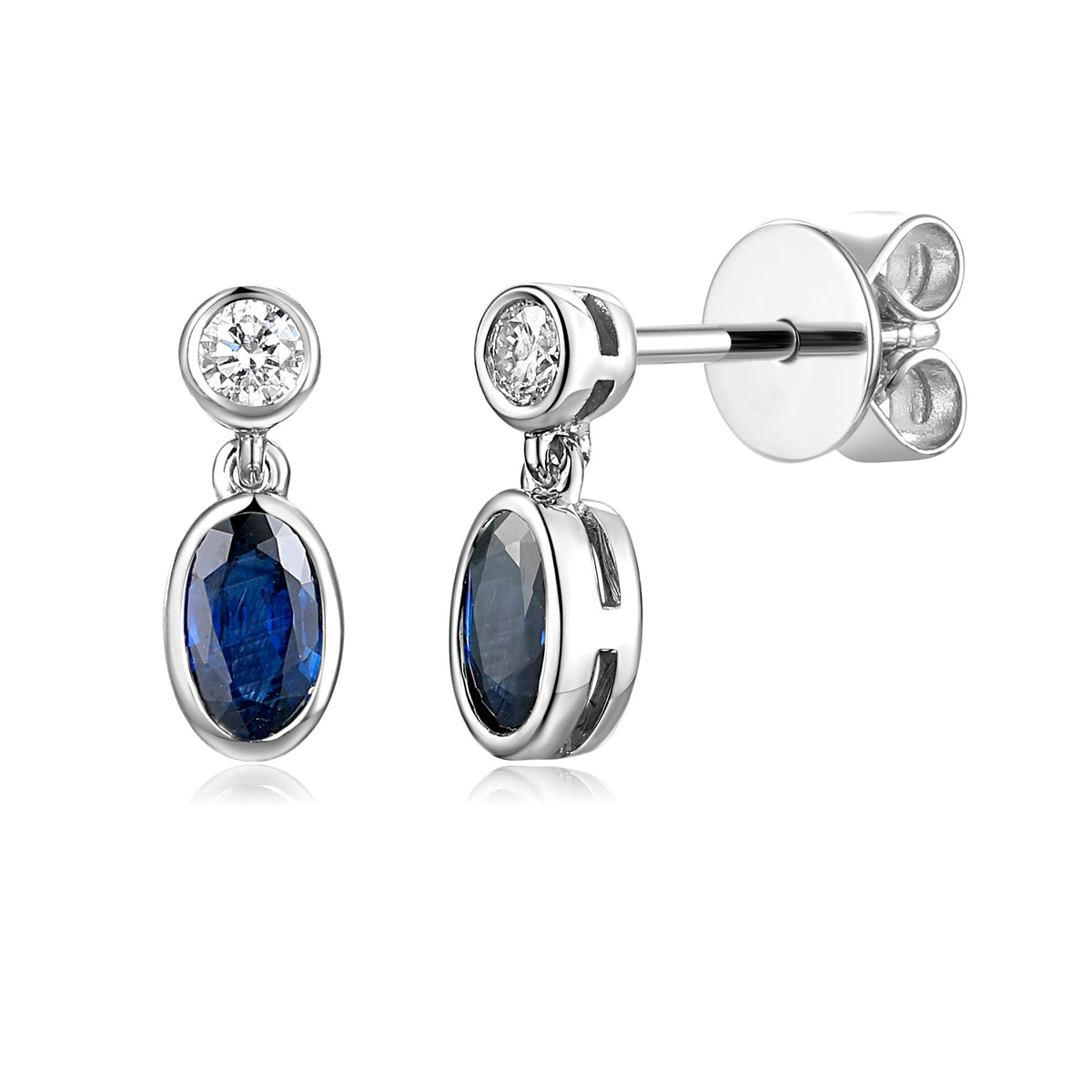 Oval blue sapphire and diamond drop earrings in 18k white gold
