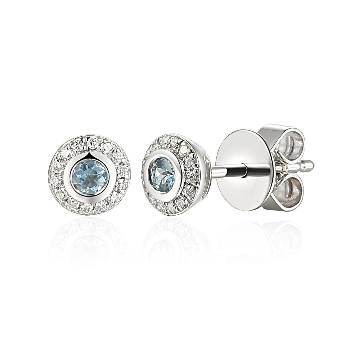 18k White Gold Aquamarine Rubover Halo Stud Earrings - The Real Gem
