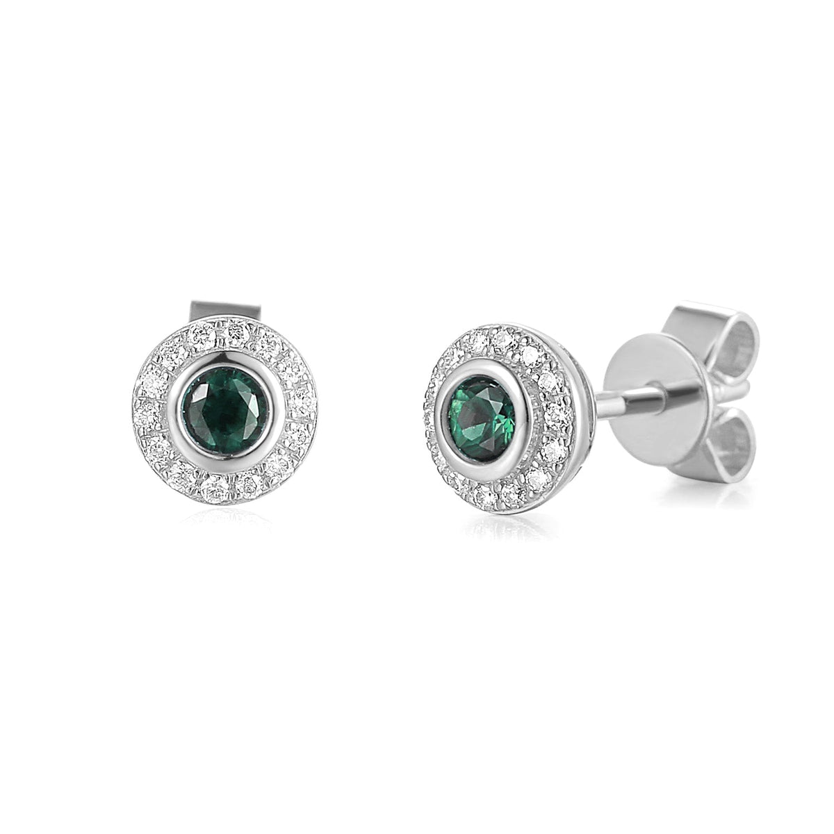 18k White Gold Emerald Rubover Halo Stud Earrings - The Real Gem