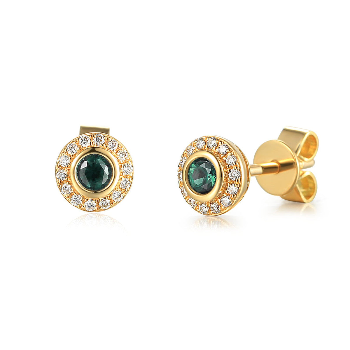 18k Yellow Gold Emerald Rubover Halo Stud Earrings - The Real Gem