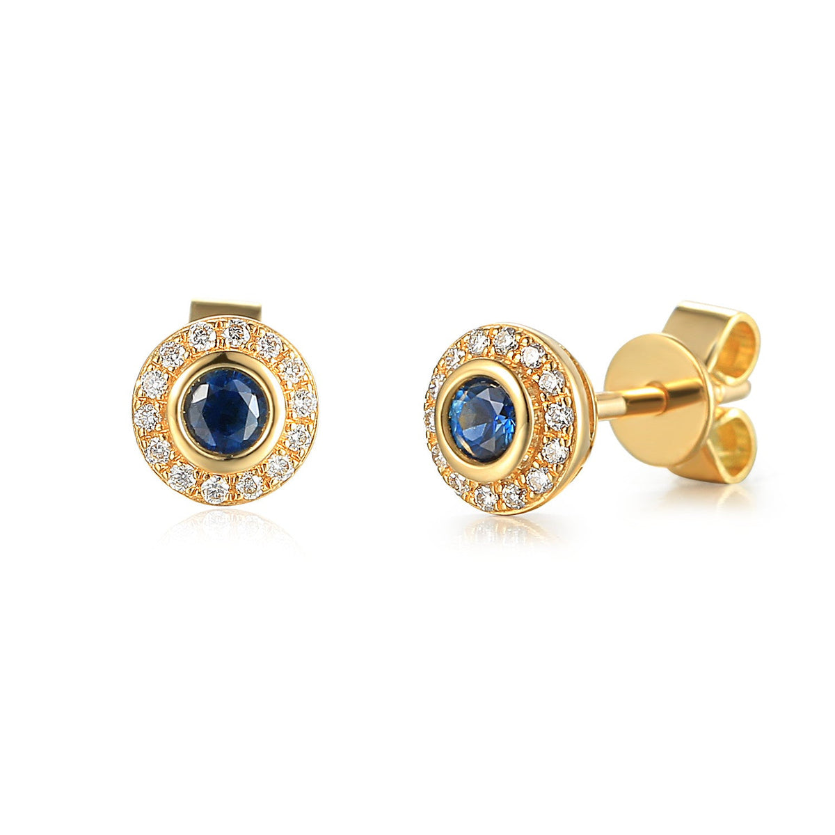 18k Yellow Gold Blue Sapphire Rubover Halo Stud Earrings - The Real Gem