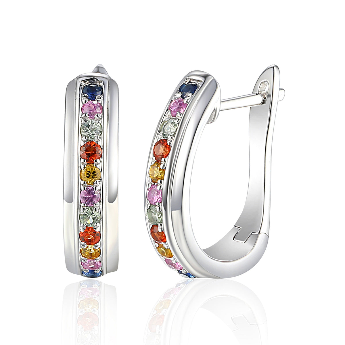 Rainbow sapphire hoop earrings in 18k white gold