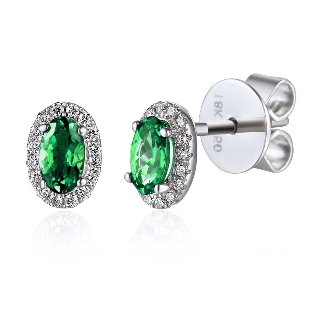 18k White Gold Emerald and Diamond Halo Stud Earrings 0.10ct G/SI - The Real Gem