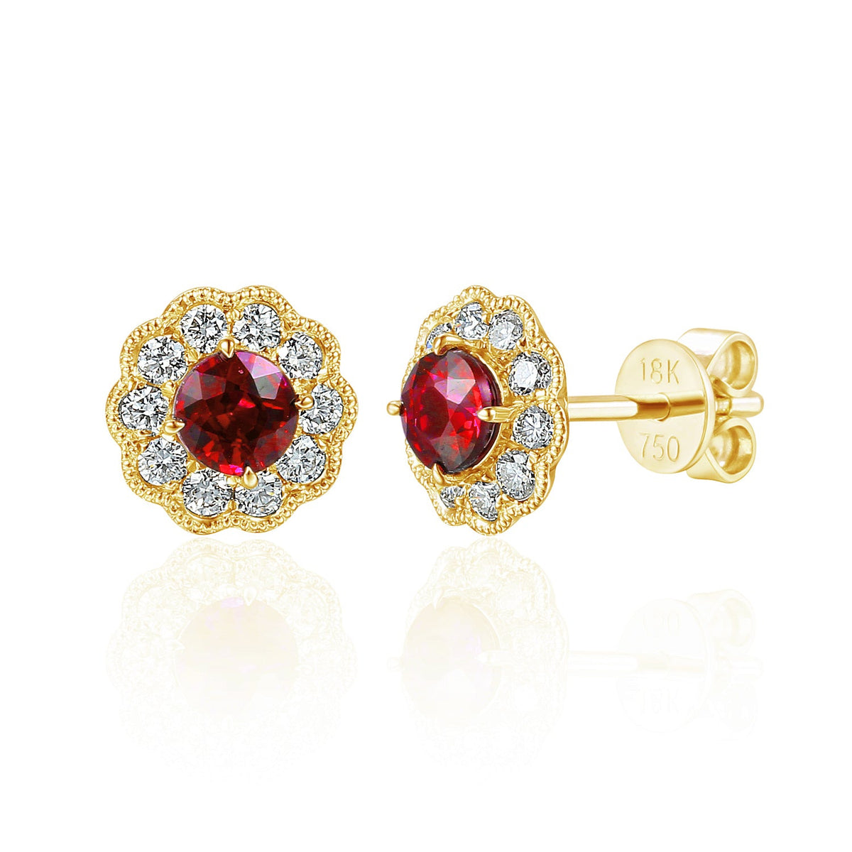 18k Yellow Gold Ruby Milgrain Flower Halo Stud Earrings - The Real Gem
