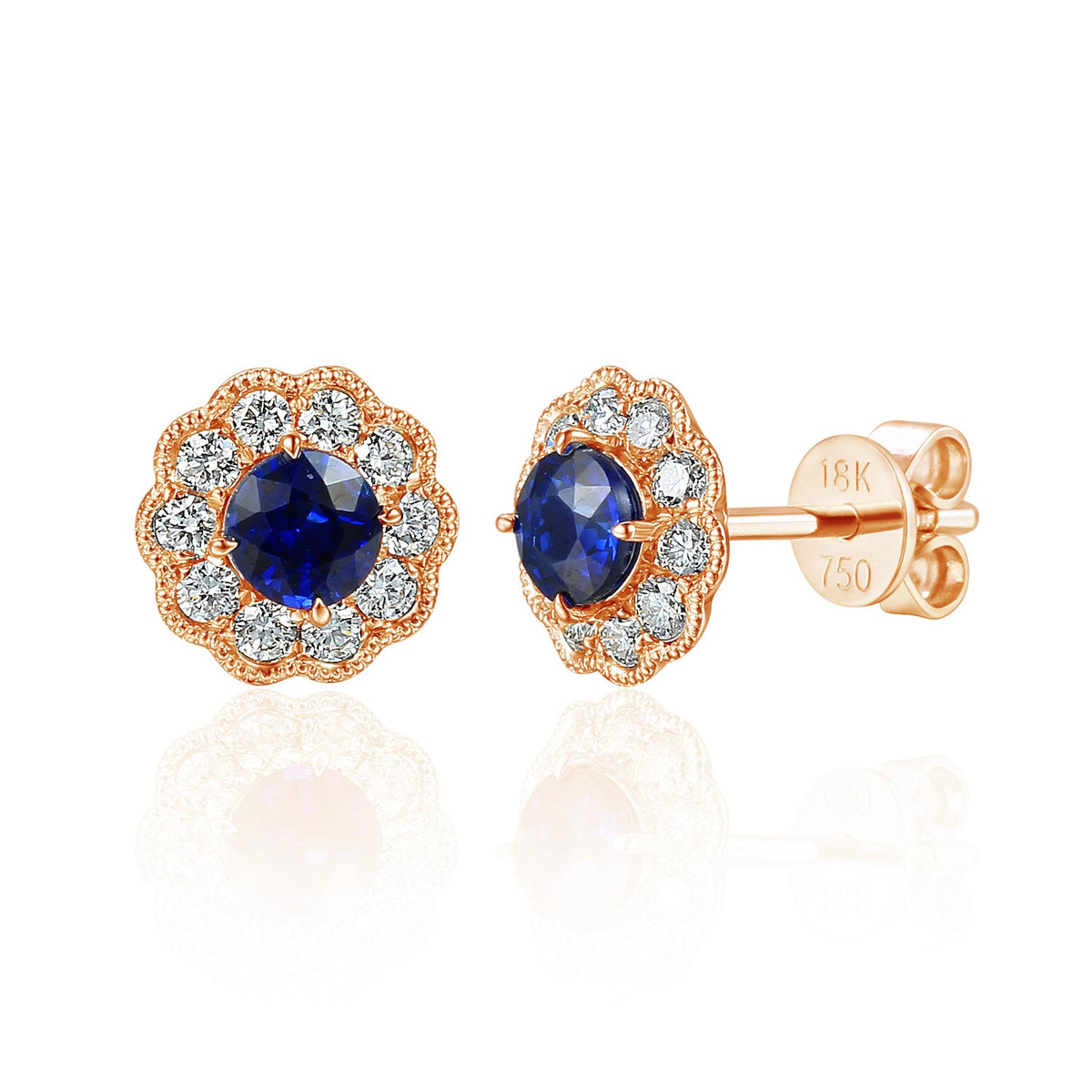 18k Rose Gold Blue Sapphire Milgrain Flower Halo Stud Earrings - The Real Gem