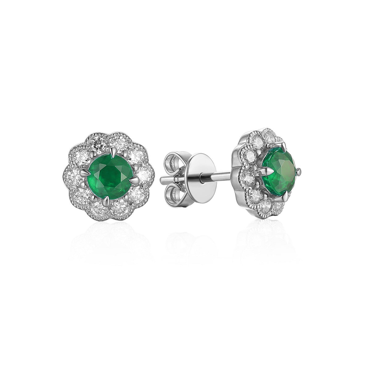 Emerald and diamond flower halo stud earrings in 18k white gold