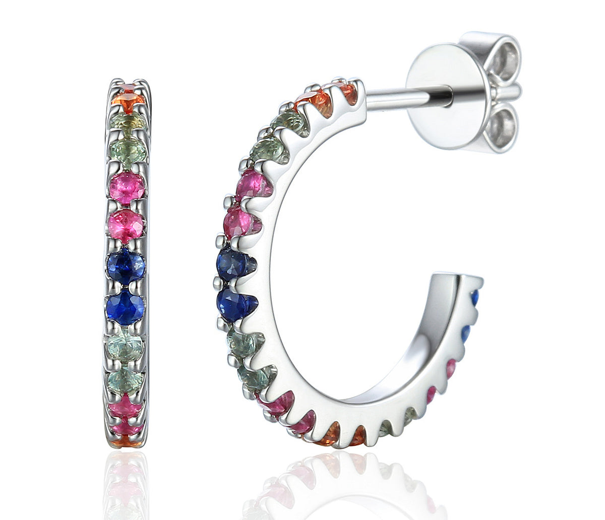 Rainbow sapphire claw set hoop earrings in 18k white gold