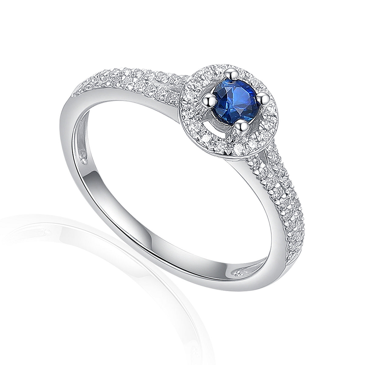 Blue sapphire and diamond halo ring in 18k white gold