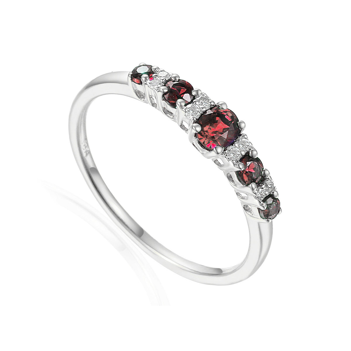 Ruby and diamond graduated five stone ring in 18k white gold