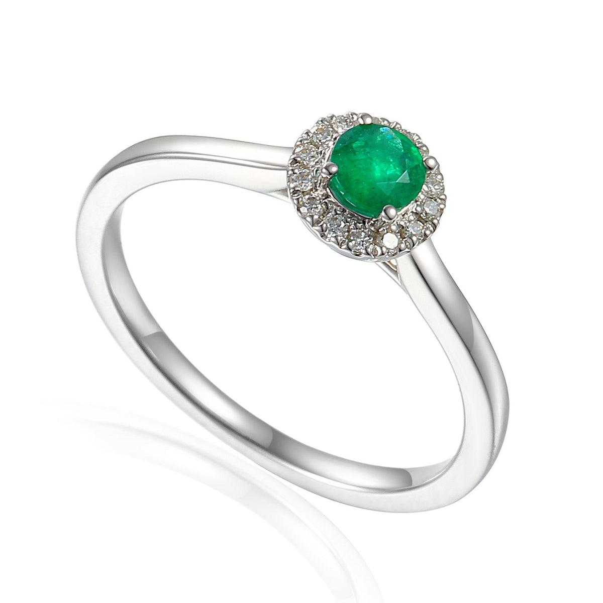 Emerald and diamond round halo ring in 18k white gold