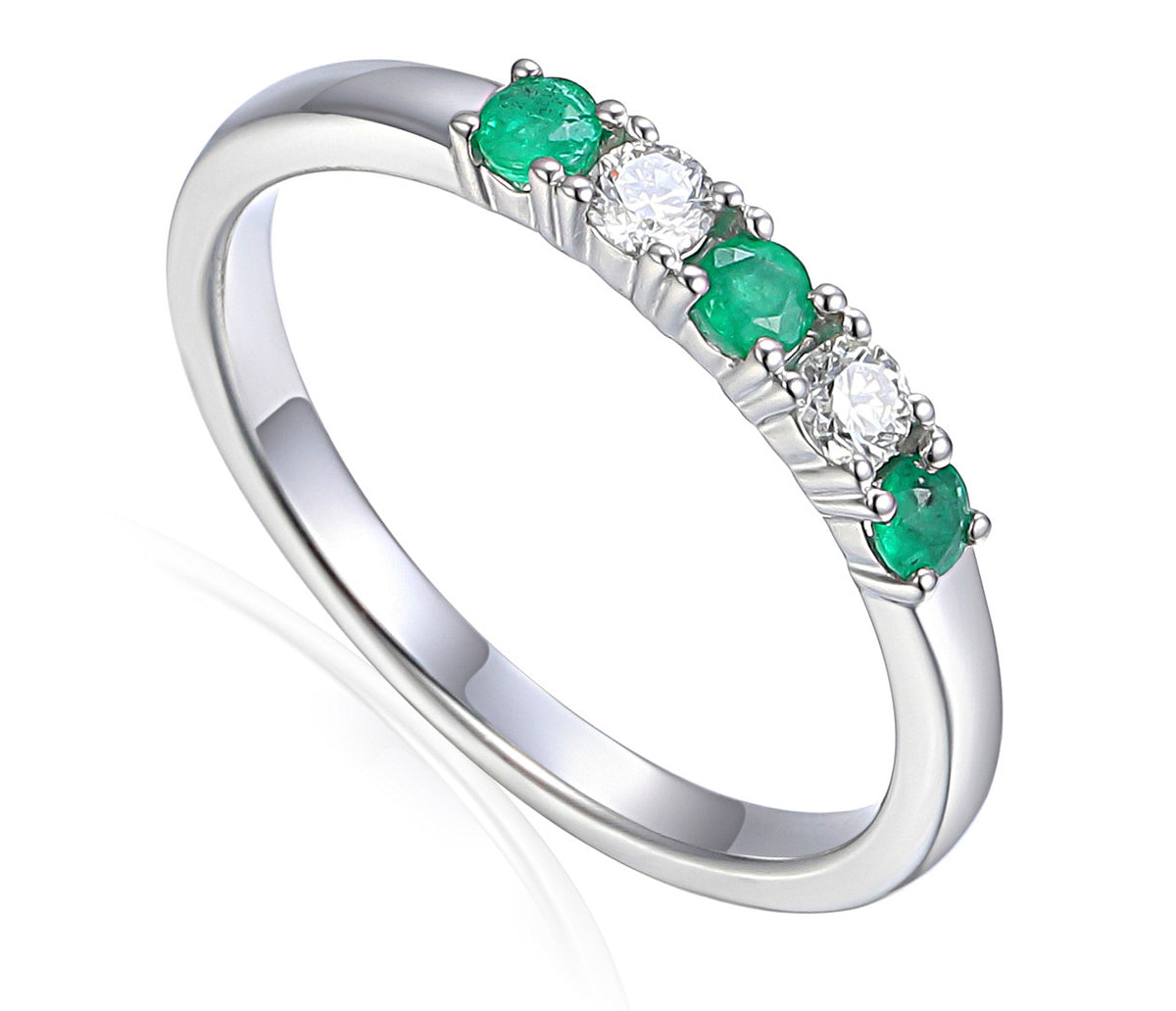 Emerald and diamond five stone ring in 18k white gold