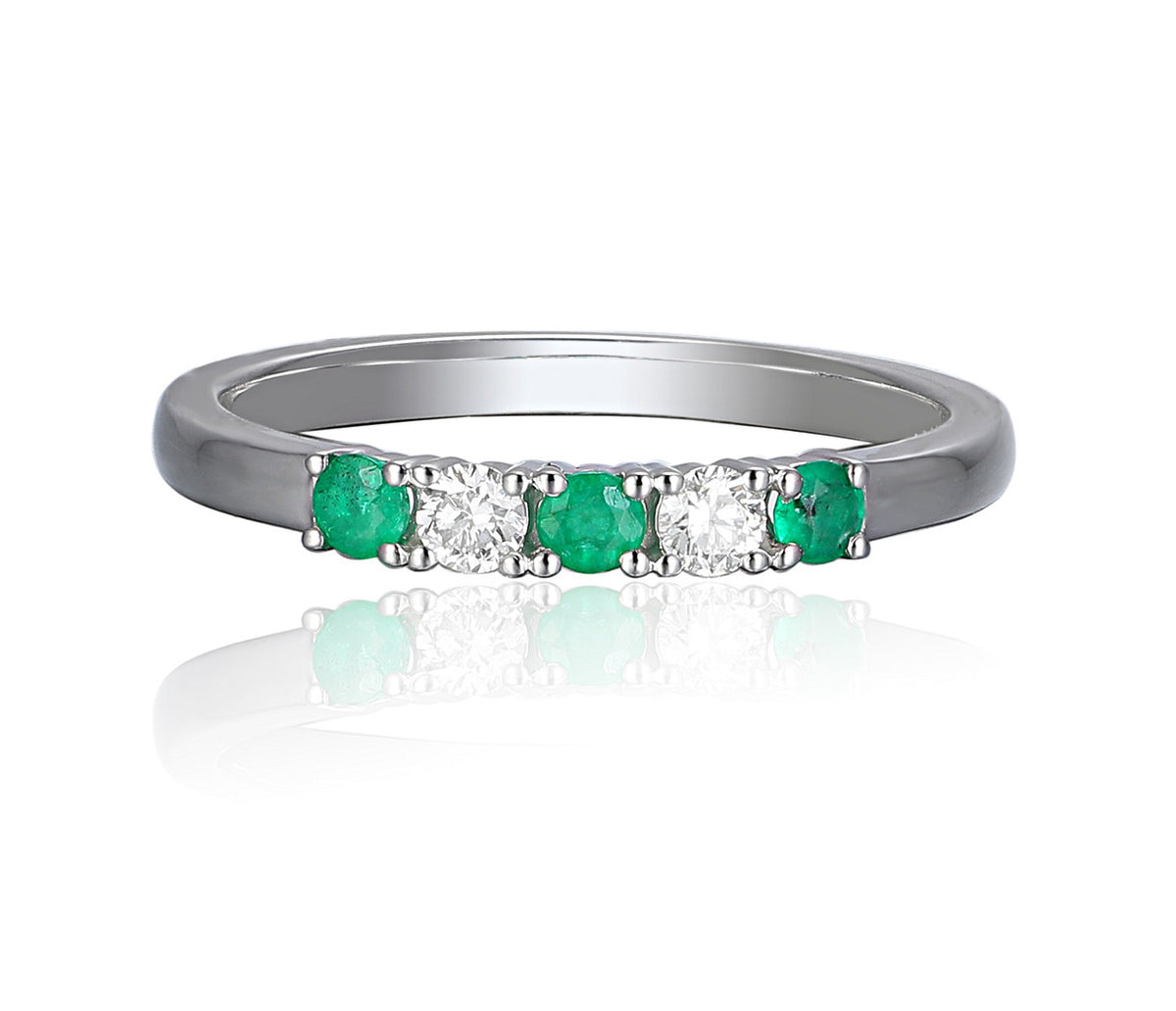 Emerald and diamond five stone ring in 18k white gold