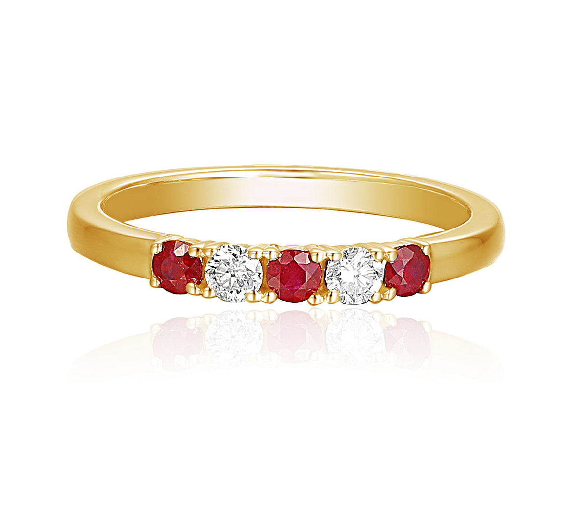 Ruby and diamond five stone ring in 18k yellow gold