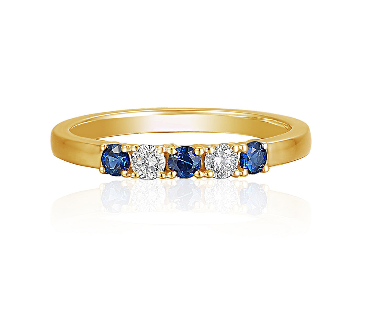 Blue sapphire and diamond five stone ring in 18k yellow gold