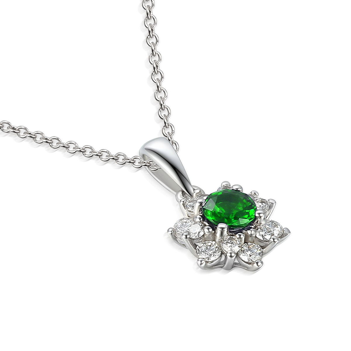 Round emerald and diamond cluster pendant and chain in 18k white gold