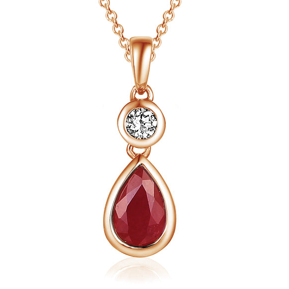 Ruby & Diamond Pear-Shaped Drop Pendant Necklace 6x4mm Ruby & 0.06ct Diamond