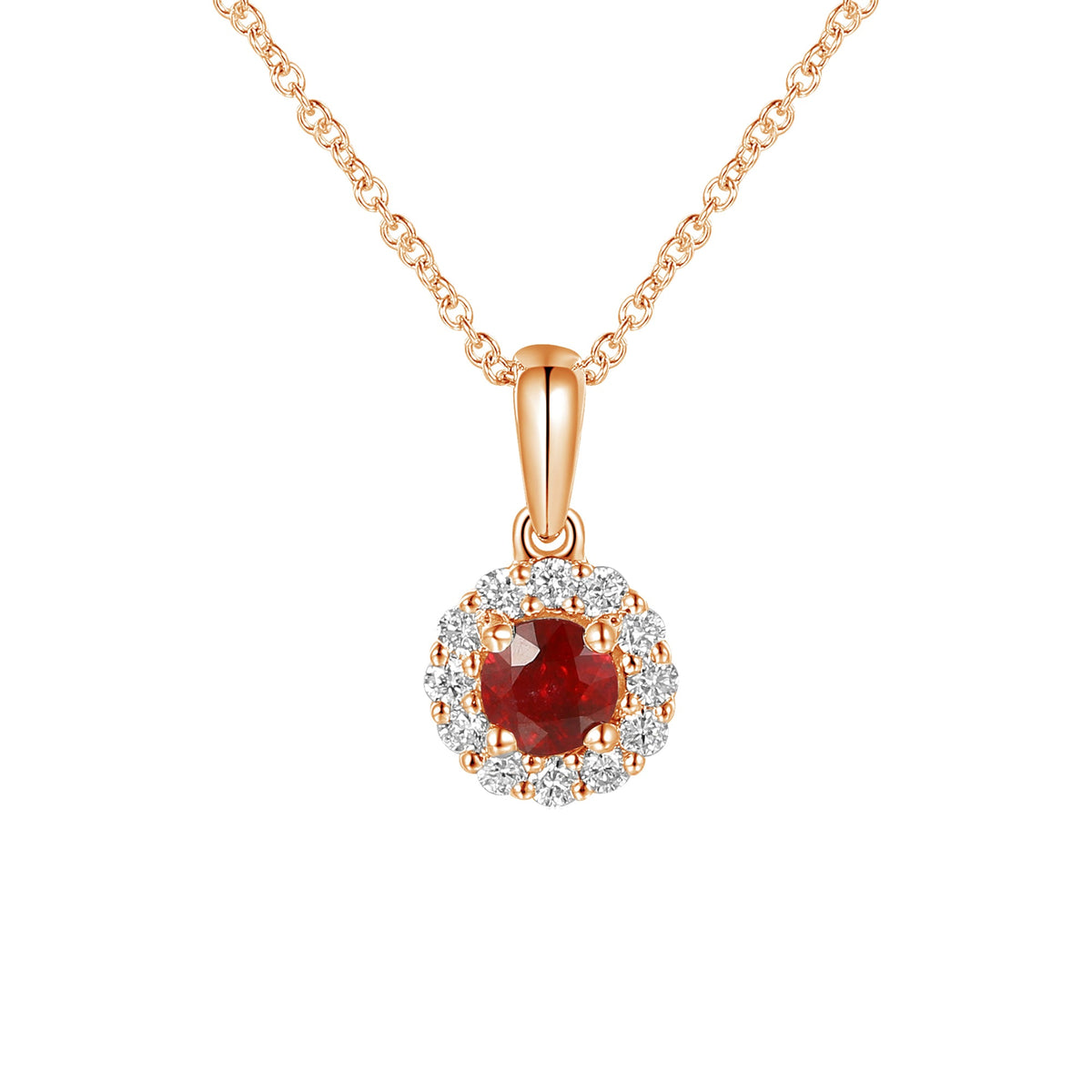 18k Rose Gold Ruby and Diamond Halo Pendant Necklace 0.13ct G/SI - The Real Gem