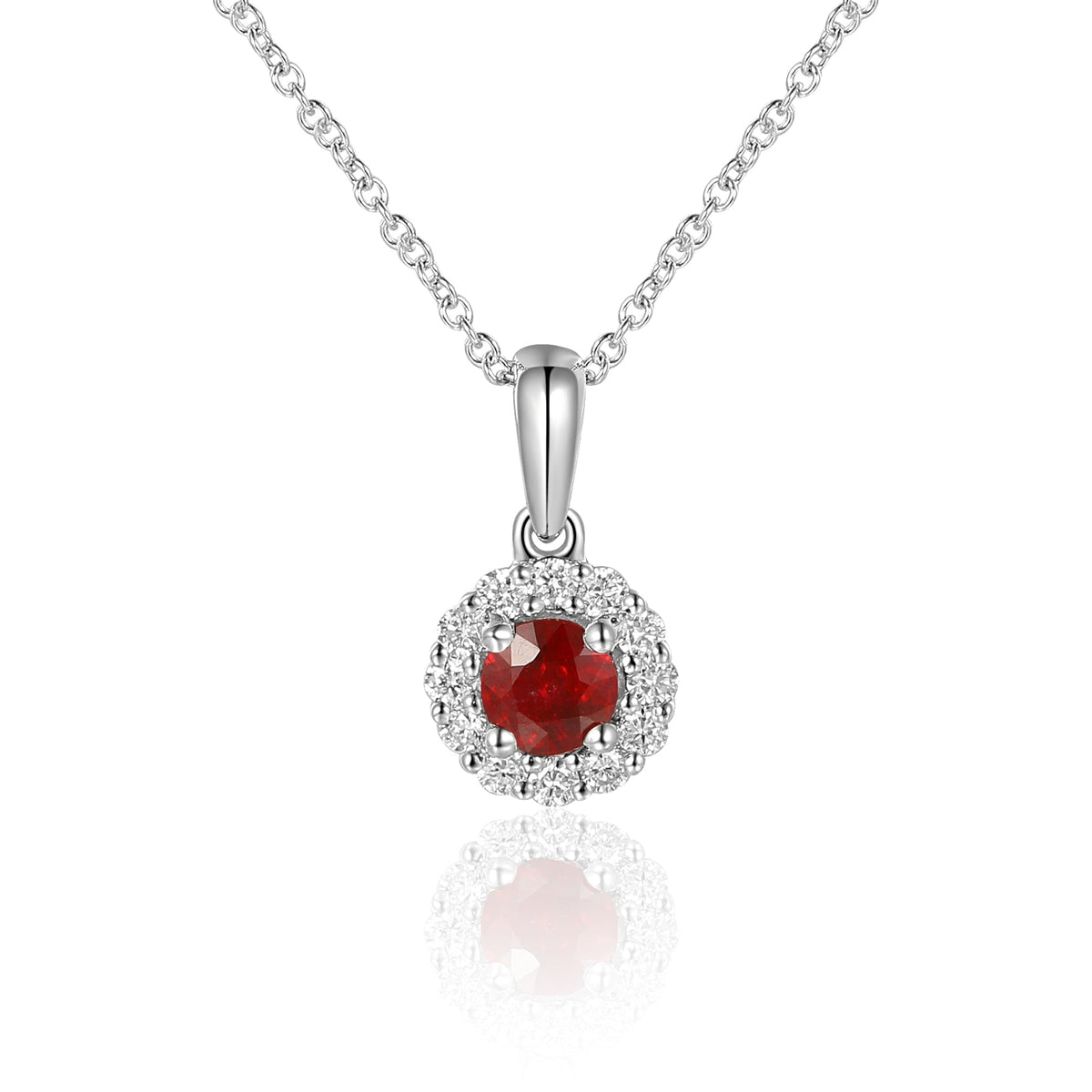 18k White Gold Ruby and Diamond Halo Pendant Necklace 0.13ct G/SI - The Real Gem