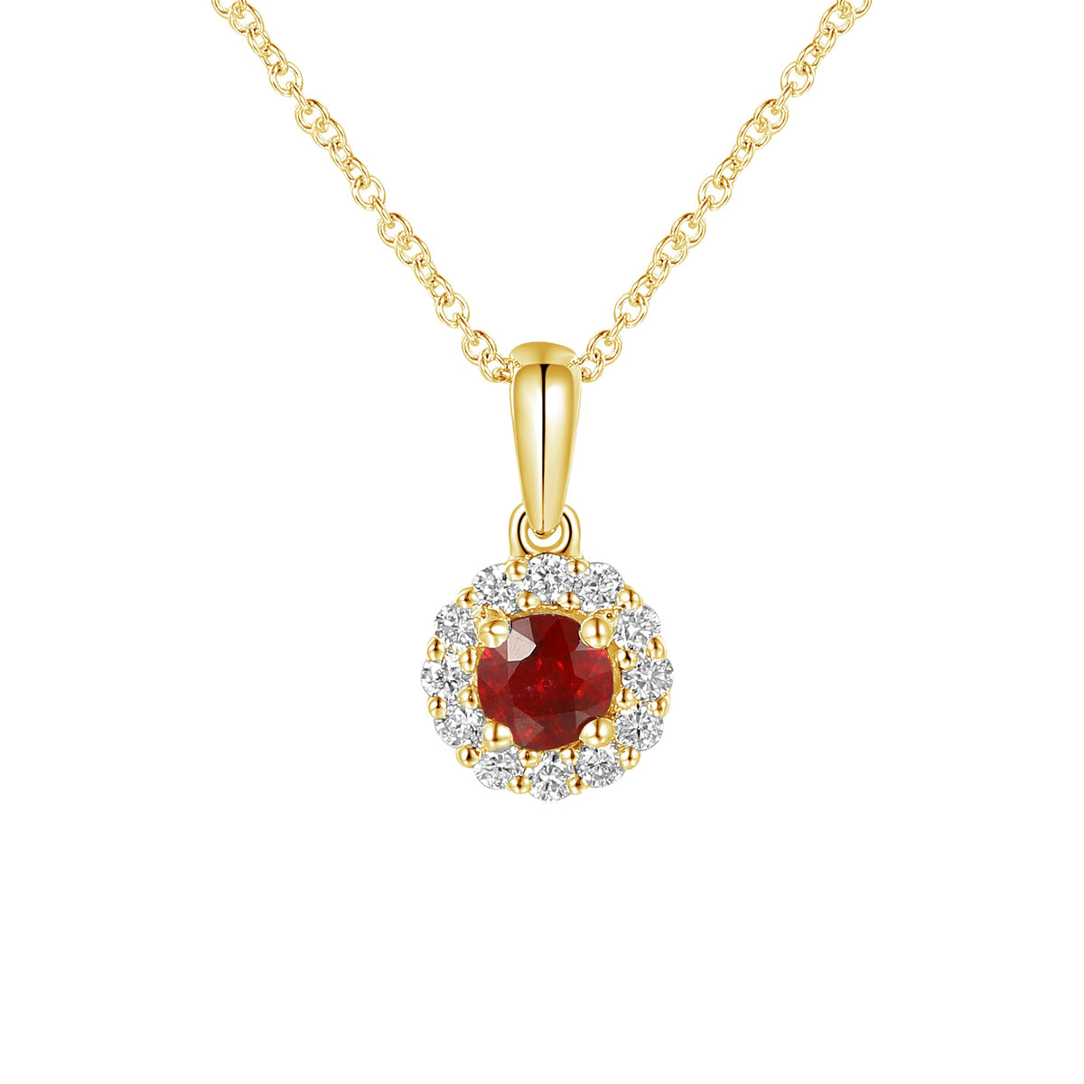 18k Yellow Gold Ruby and Diamond Halo Pendant Necklace 0.13ct G/SI - The Real Gem