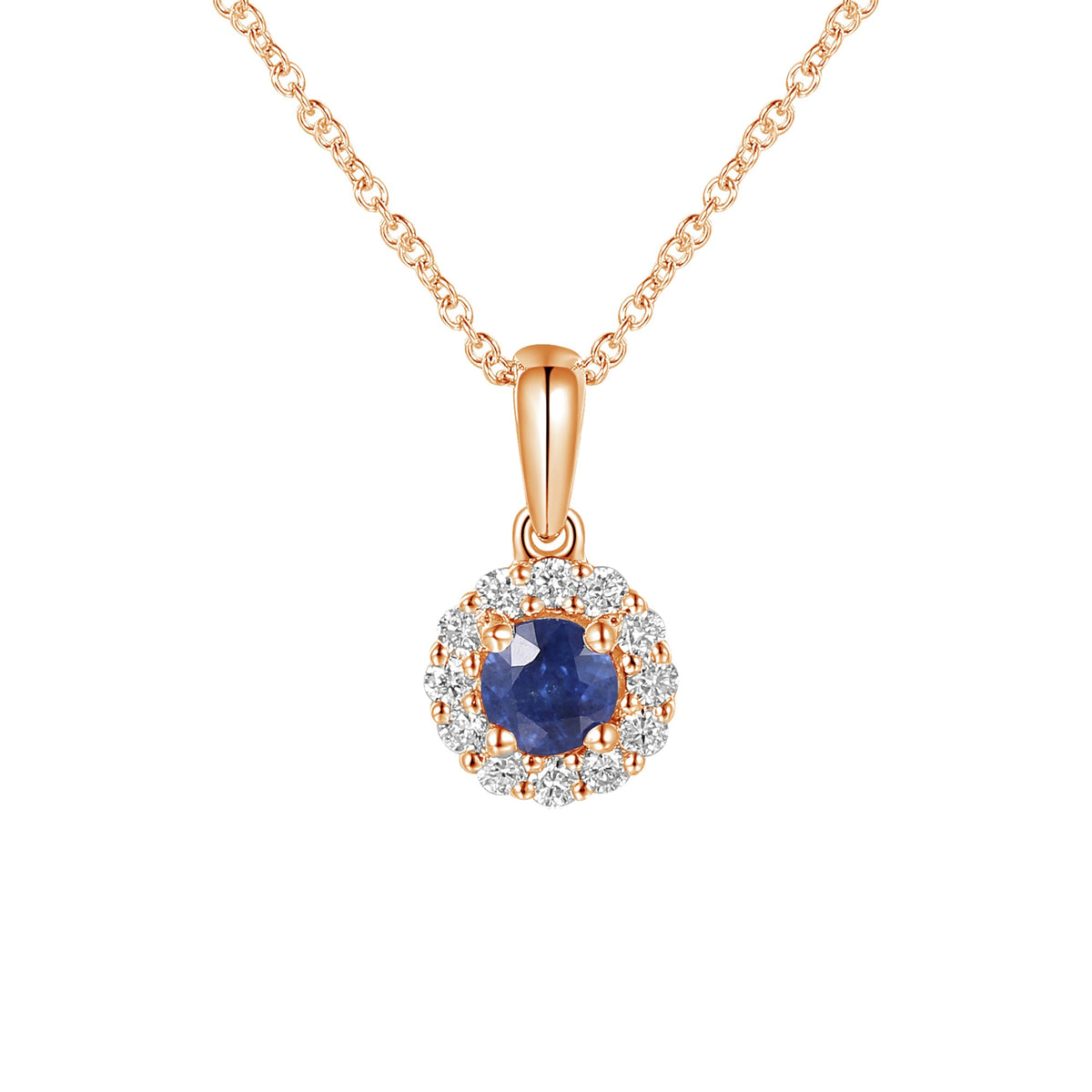 18k Rose Gold Blue Sapphire and Diamond Halo Pendant Necklace 0.13ct G/SI - The Real Gem
