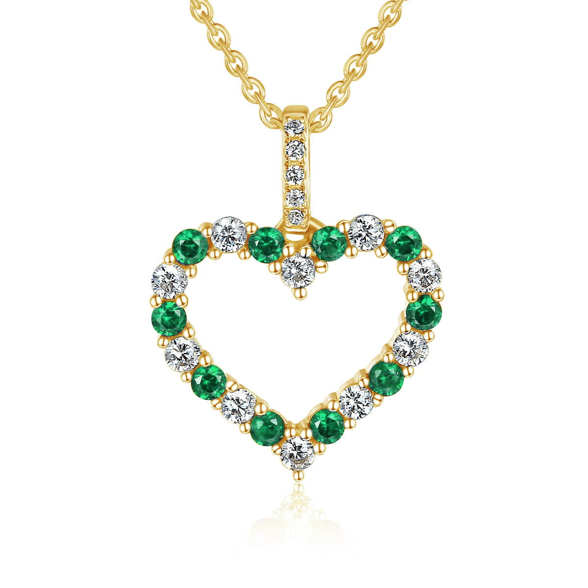18k Yellow Gold Emerald And Diamond 0.26ct Heart Pendant Necklace - The Real Gem