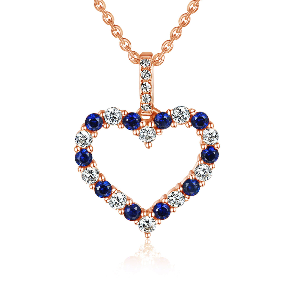 18k Rose Gold Blue Sapphire And Diamond 0.26ct Heart Pendant Necklace - The Real Gem
