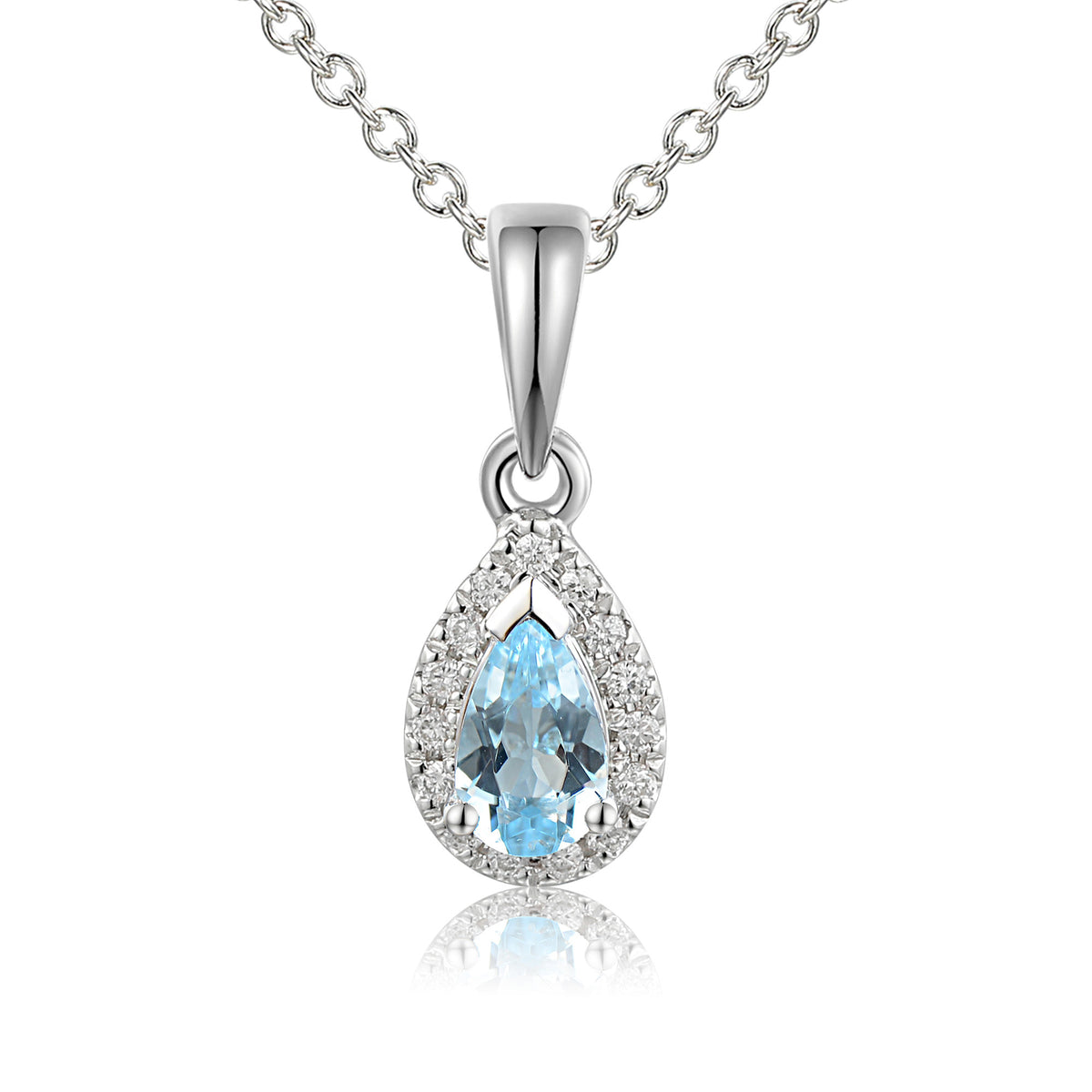 Pear aquamarine and diamond halo pendant and chain in 18k white gold
