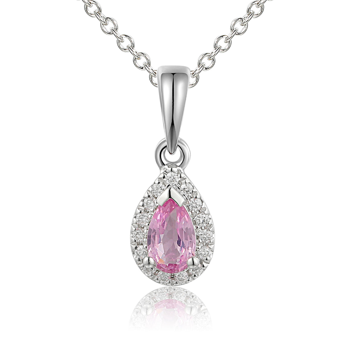 Pear pink sapphire and diamond halo pendant and chain in 18k white gold