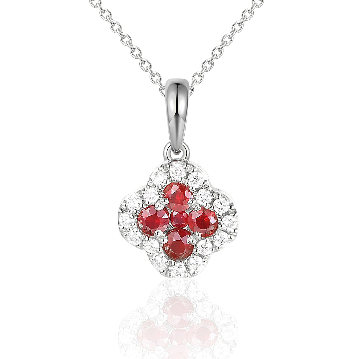 18k White Gold Clover Ruby And Diamond Cluster Pendant Necklace - The Real Gem