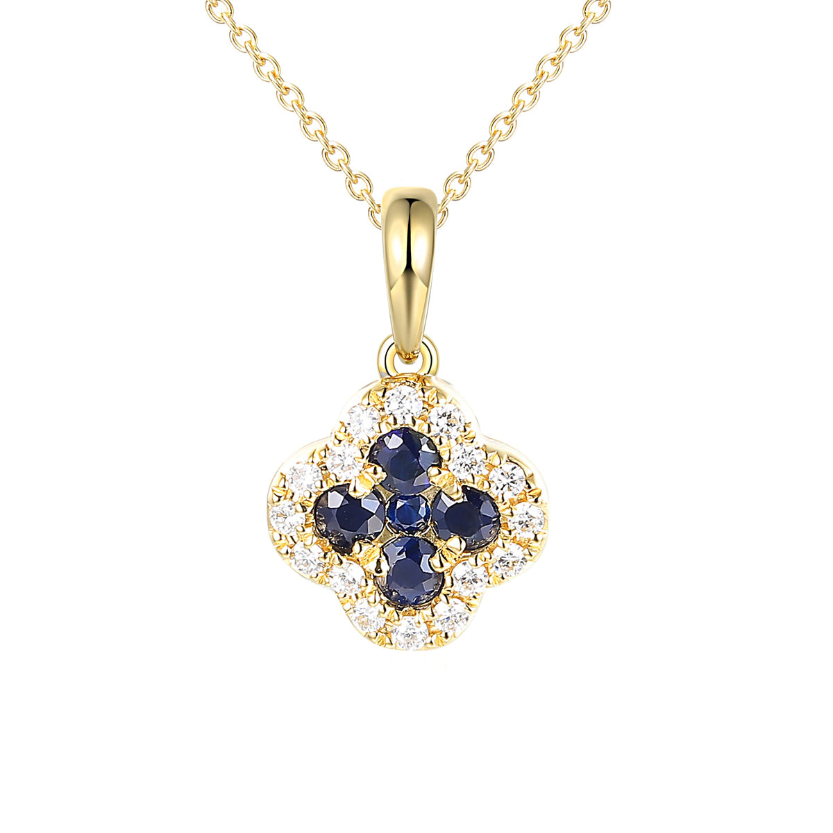 18k Yellow Gold Clover Blue Sapphire And Diamond Cluster Pendant Necklace - The Real Gem