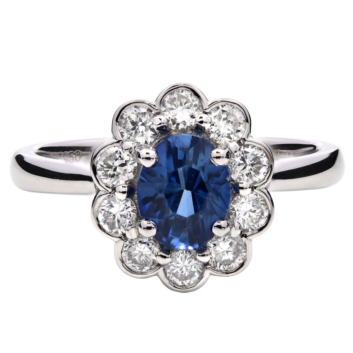Platinum Blue Sapphire 1.17ct & Diamond 0.46ct Halo Ring - The Real Gem