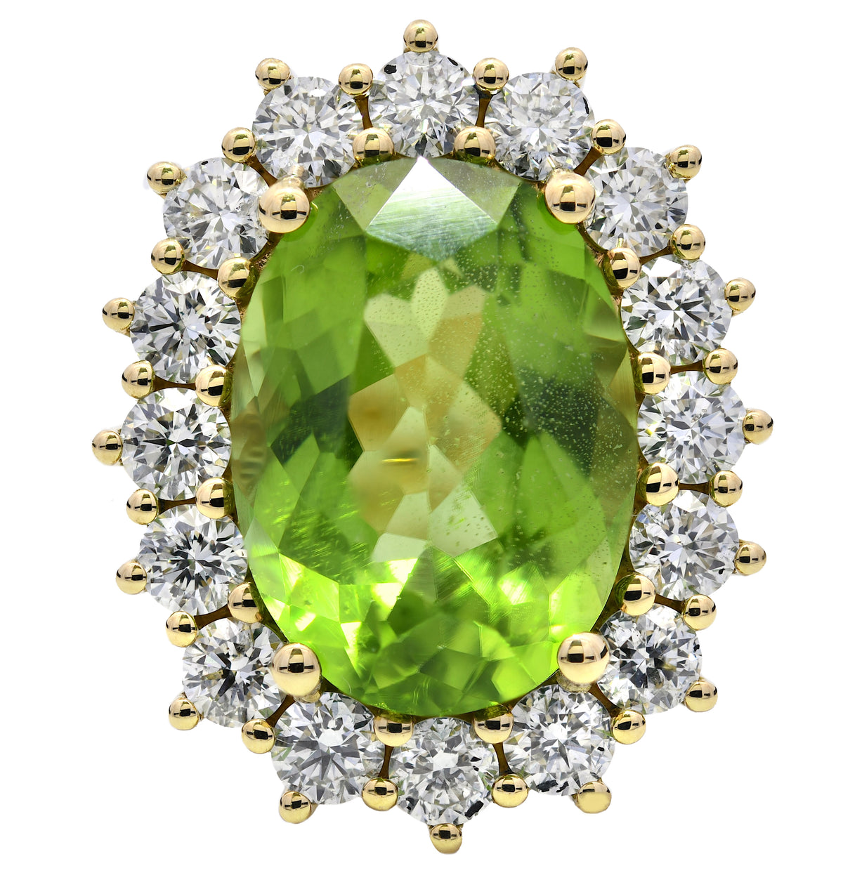 18k Yellow Gold Peridot 6.27ct & Diamond 1.28ct Cluster Ring - The Real Gem