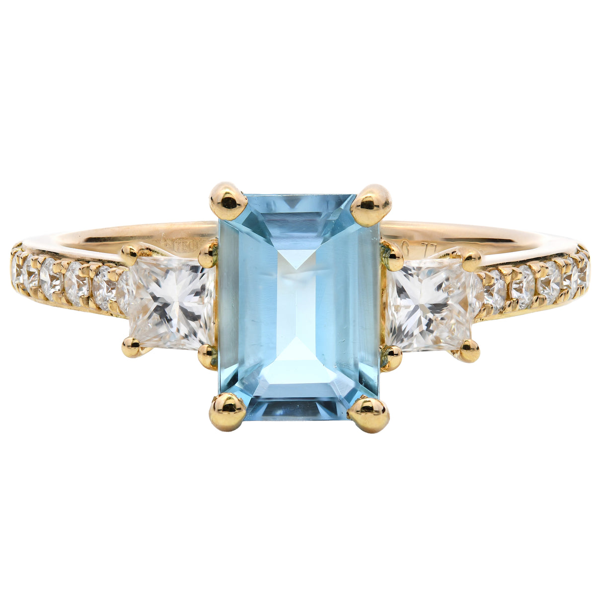 Aqua 0.77ct & Diamond 0.41ct Three-Stone Ring in 18k Yellow Gold