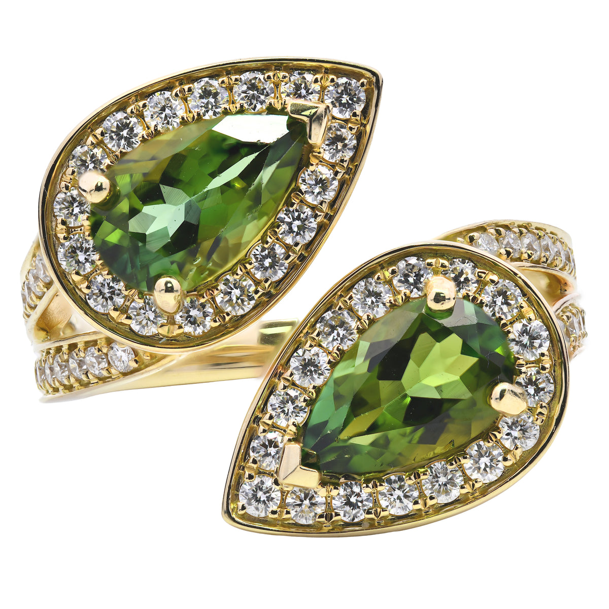 Green Tourmaline 1.96ct & Diamond 0.54ct Pear Cut Crossover Ring in 18k Yellow Gold