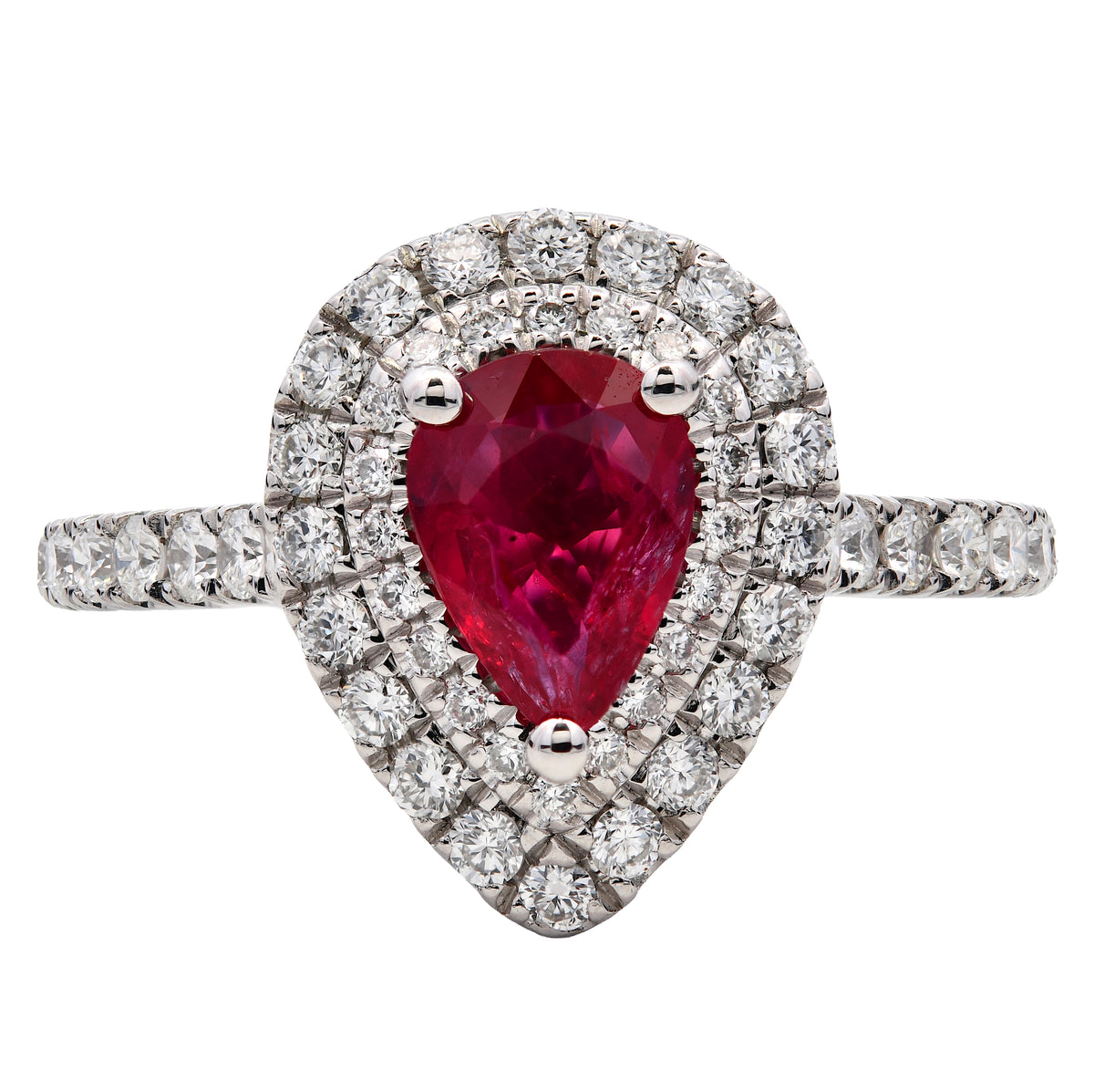 Ruby 0.62ct & Diamond 0.54ct Pear Shape Double Halo Ring in Platinum
