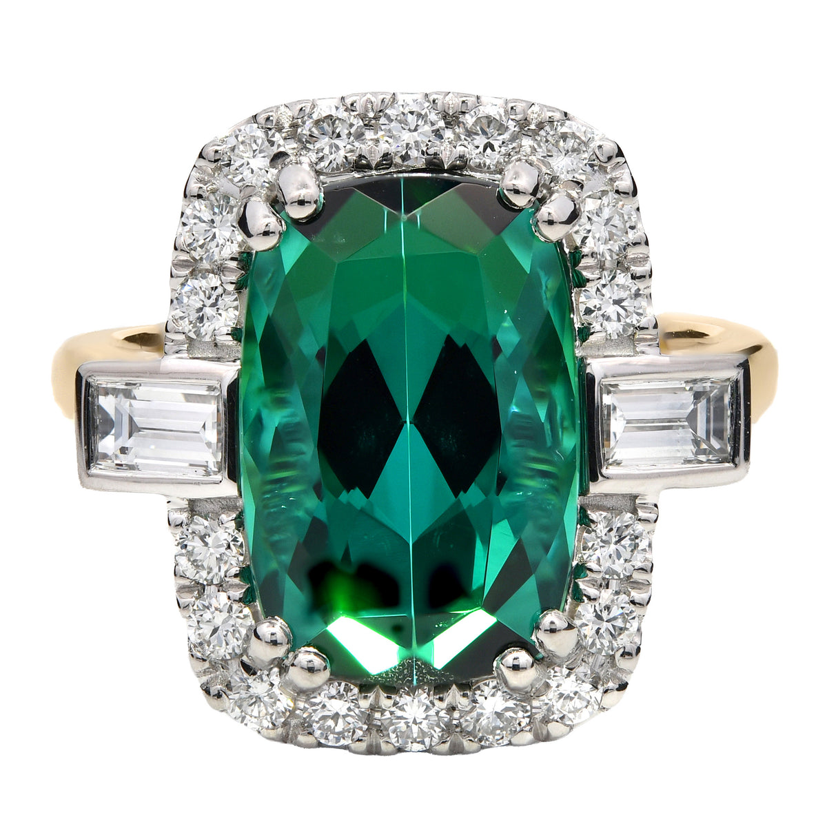 Teal tourmaline and diamond cluster ring in 18k yellow gold and platinum