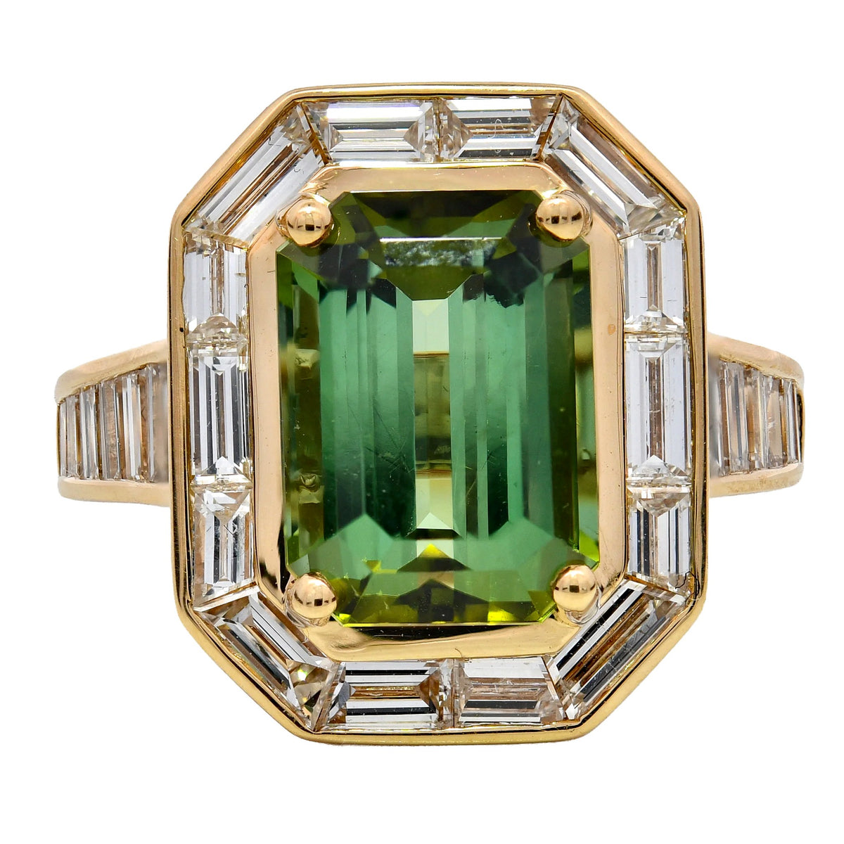 Green tourmaline and baguette diamond emerald cut cluster ring in 18k yellow gold