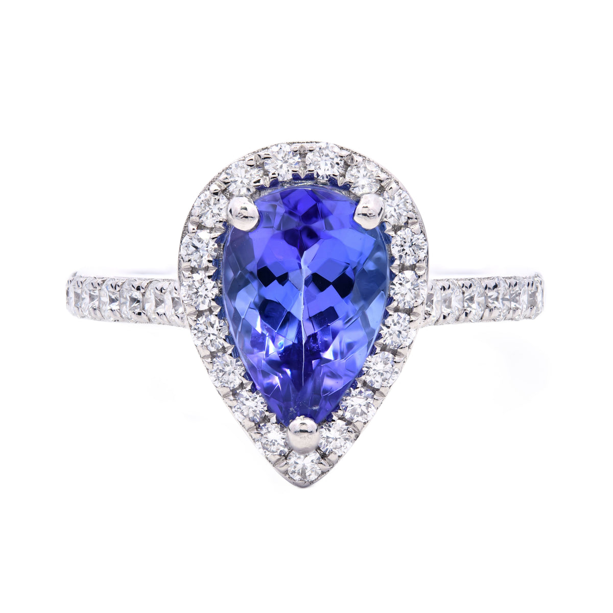 Tanzanite 1.63ct & Diamond 0.50ct Pear Shape Halo Ring in Platinum