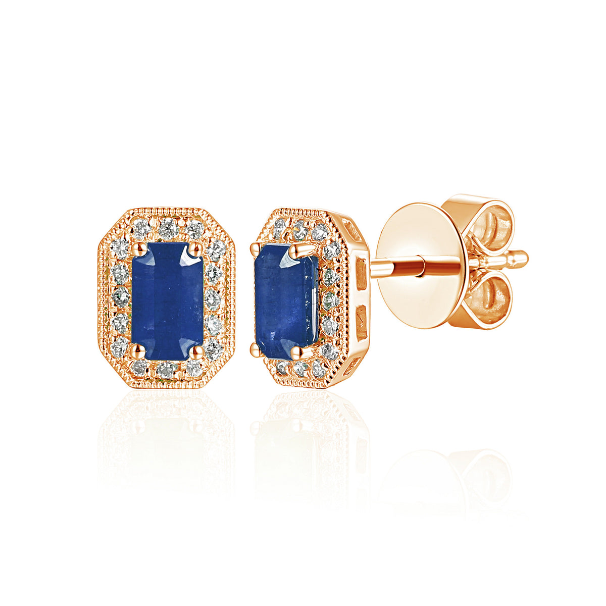 Blue sapphire and diamond emerald cut halo stud earrings in 18k rose gold