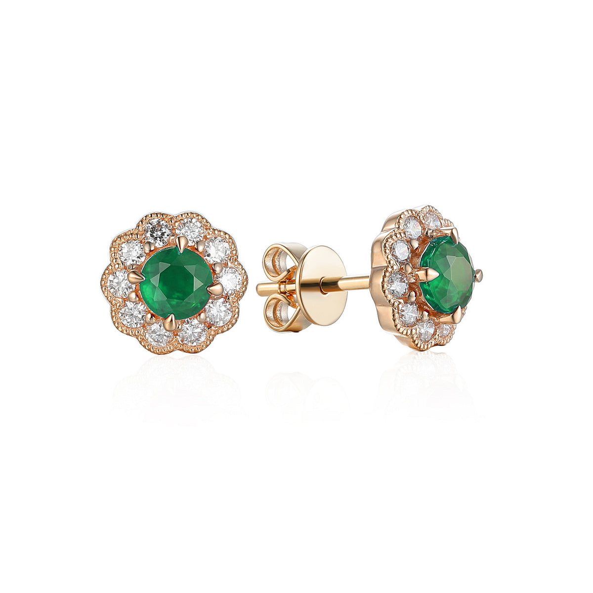 Emerald and diamond flower halo stud earrings in 18k rose gold